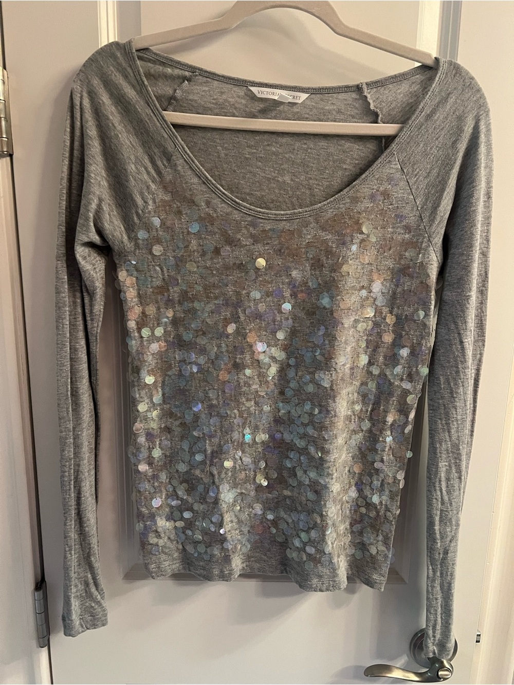 Victoria's Secret Gray Long-Sleeve Sequin Scoop Neck Top